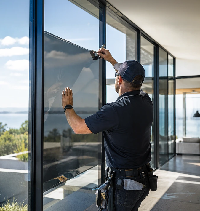 Installer applying window film to a tall glass panel.