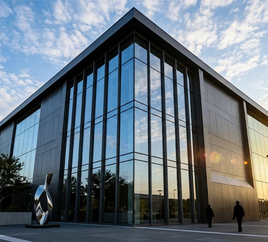 Modern building with tall reflective glass windows.