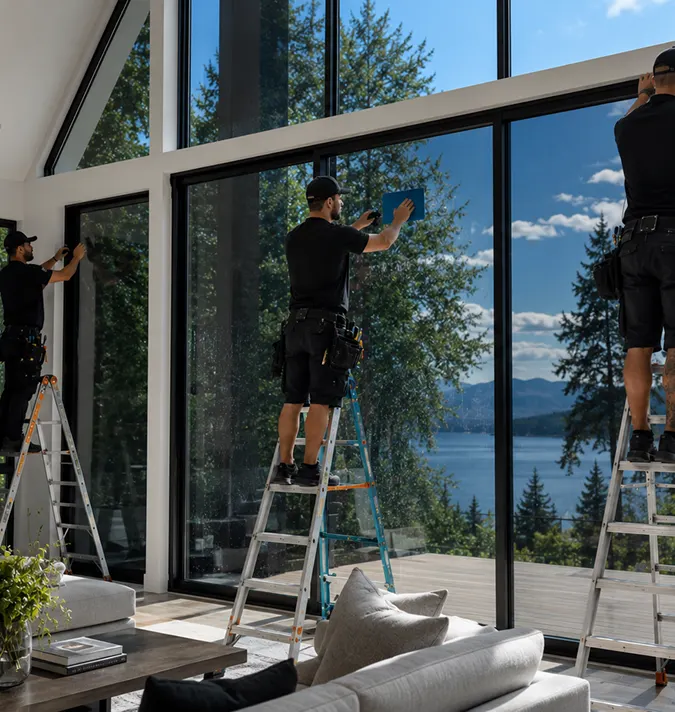 Installers working on floor-to-ceiling glass panels in a living room.